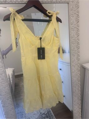 Hello Molly Pale Yellow Eyelet Tie-Shoulder Mini Dress